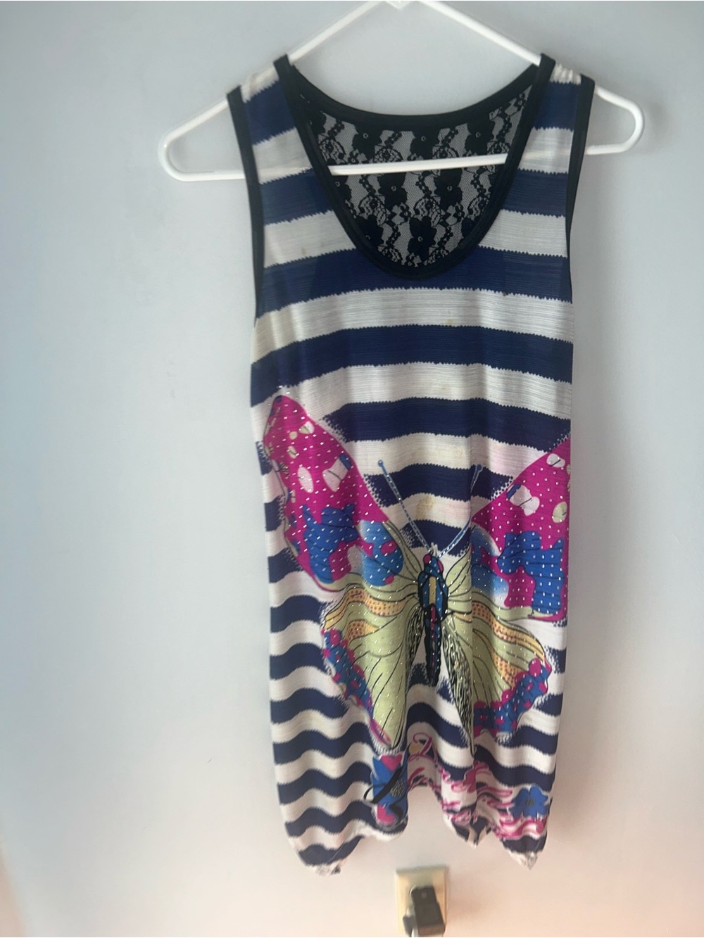 Navy & White Striped Butterfly Tank Top with Lace Back